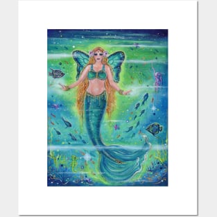 "Inner Peace mermaid" with tropical fish in the ocean copyright Renee L Lavoie Posters and Art